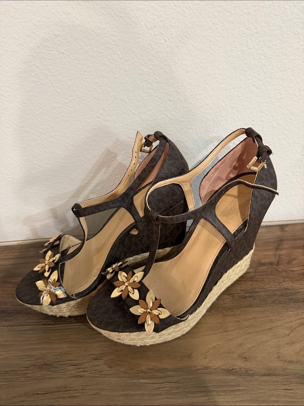 Michael Kors Brown Floral Applique Espadrille Wedge Sandals